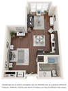 Studio three-dimensional floor plan layout. Bathroom to the right of the entry door.